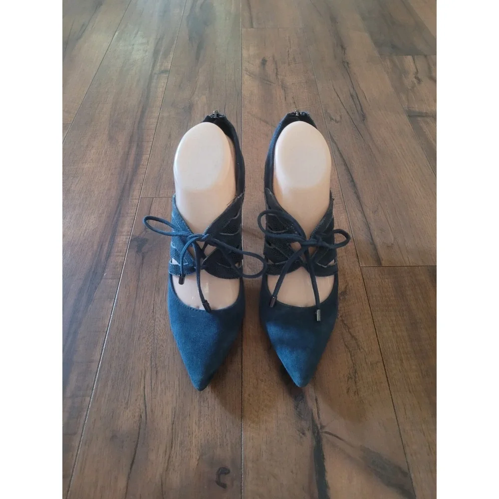 Isola Wedgewood‎ Blue Suede Leather Snake Print Lace-Up Victorian Heel